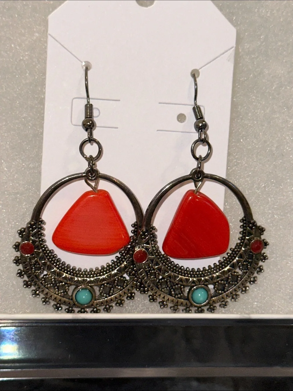 Handmade Earrings! Red Boho Hoop Drop Earrings with Turquoise Accents